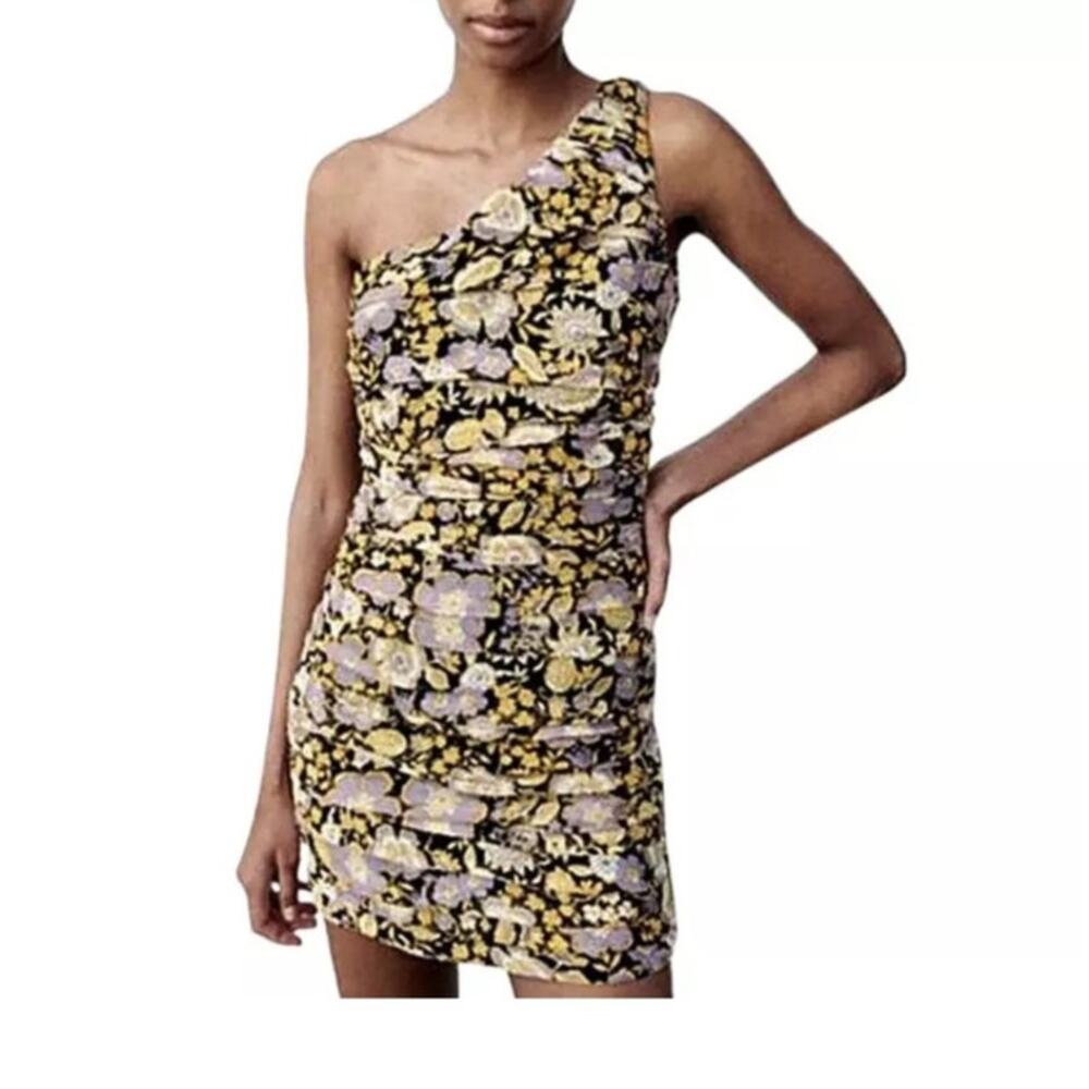 Zara Mini Dress One Shoulder Cocktail Ruched Gold Threading Large NWT